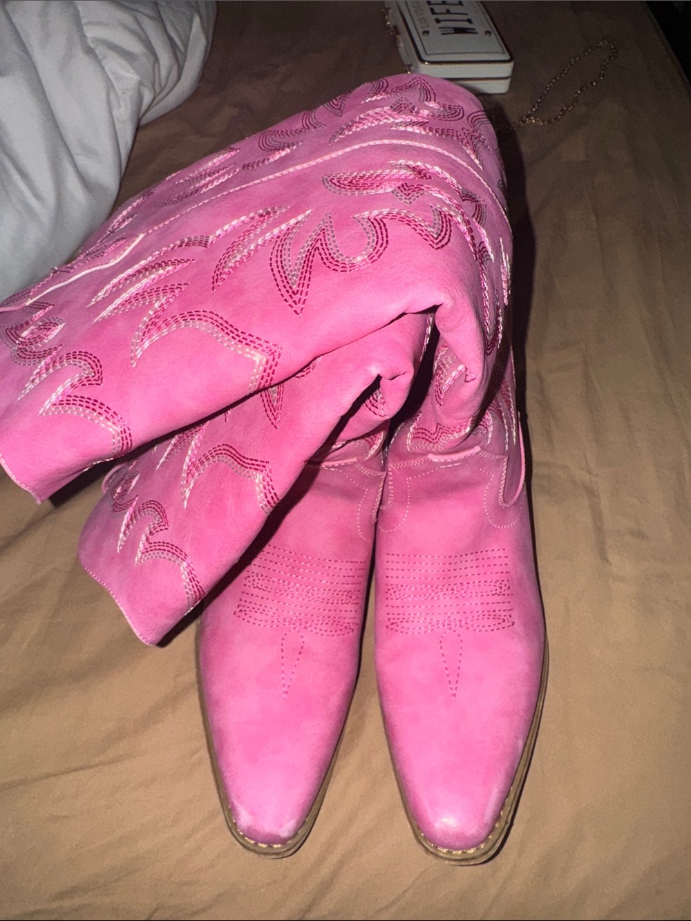 Women’s knee high Pink Western Cowboy Boots - Stylish Suede Look - Picture 2 of 2